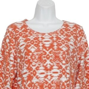 Rebecca Malone Top Womens Medium Orange White Round Neck 3/4 Sleeve Geometric